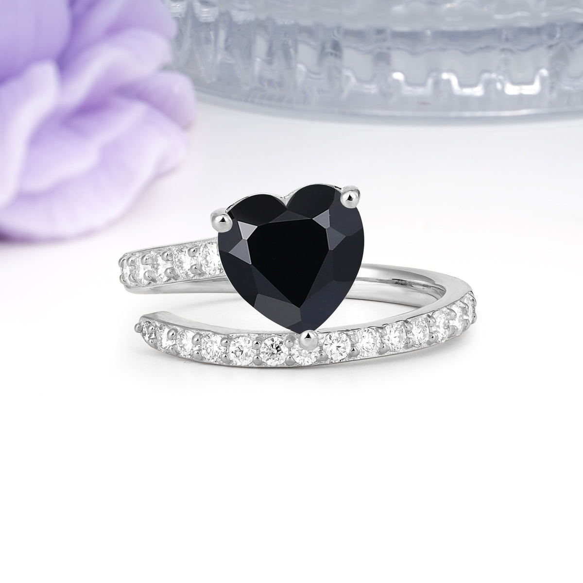 Unique Intertwined 3-Prong Heart-Cut Black Onyx Engagement Ring - Additional view