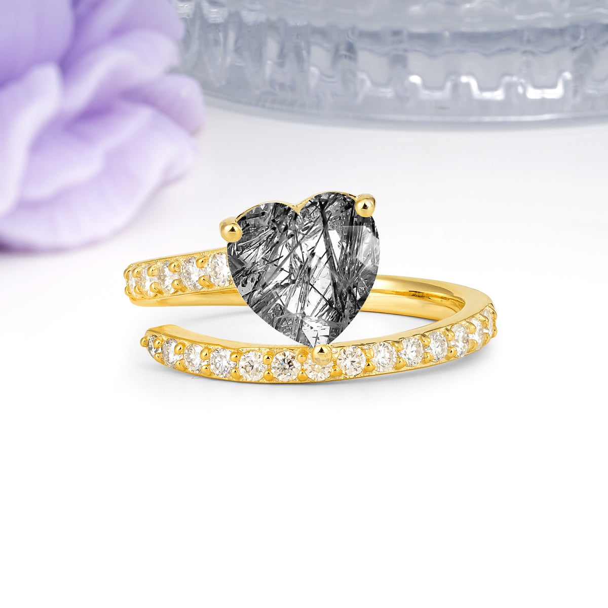 Unique Intertwined 3-Prong Heart-Cut Black Rutilated Quartz Engagement Ring - Additional view