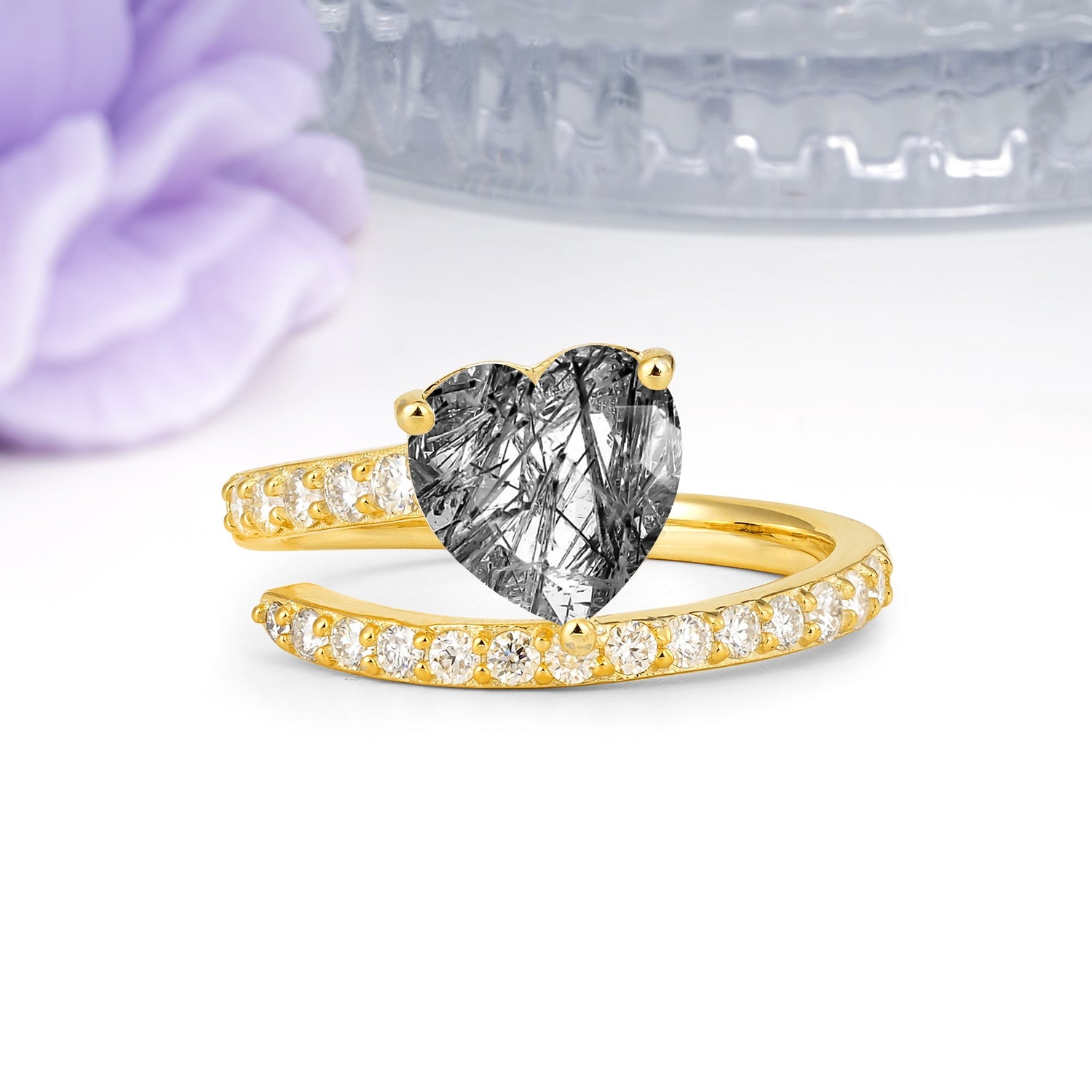 Unique Intertwined 3-Prong Heart-Cut Black Rutilated Quartz Engagement Ring - Additional view