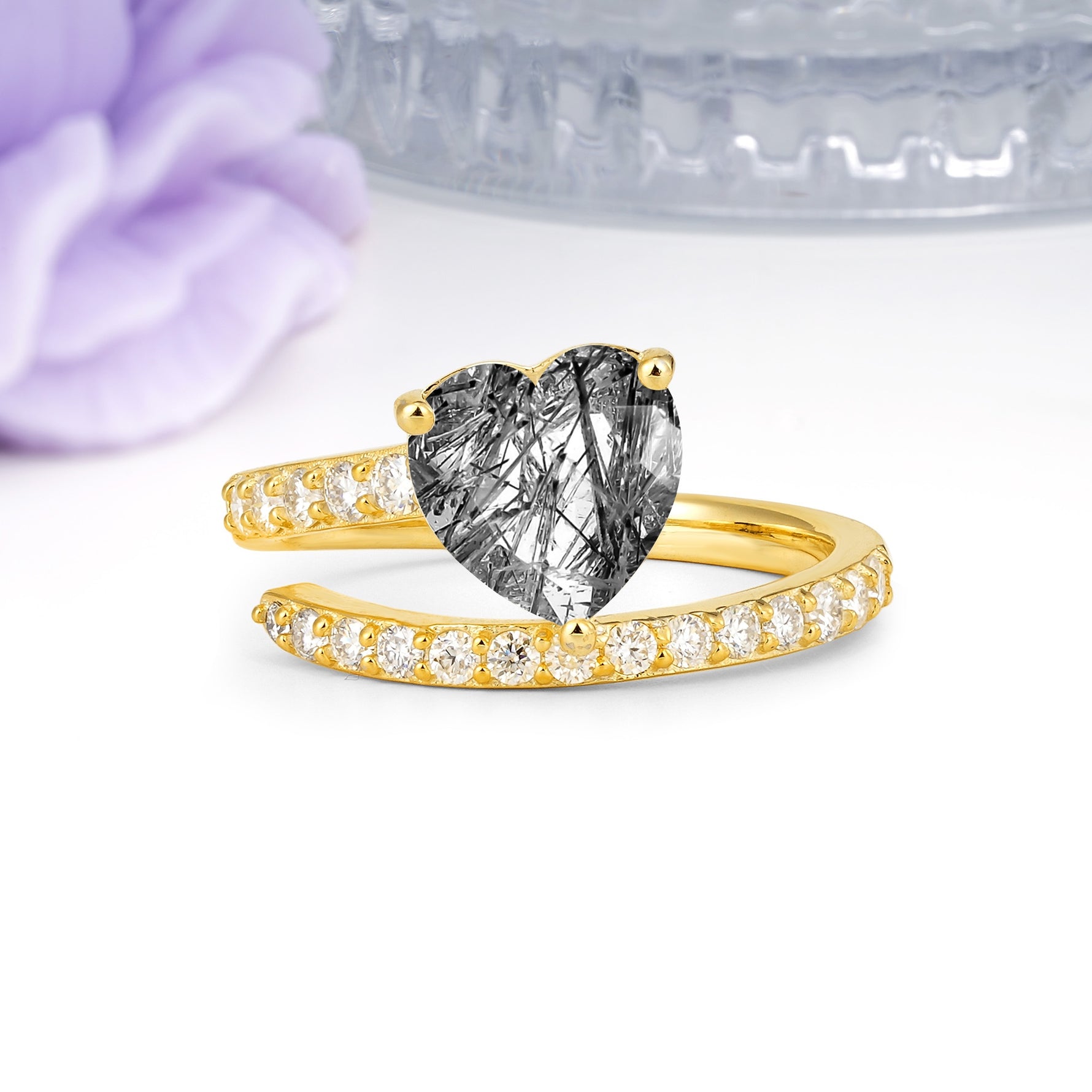 Unique Intertwined 3-Prong Heart-Cut Black Rutilated Quartz Engagement Ring - Additional view