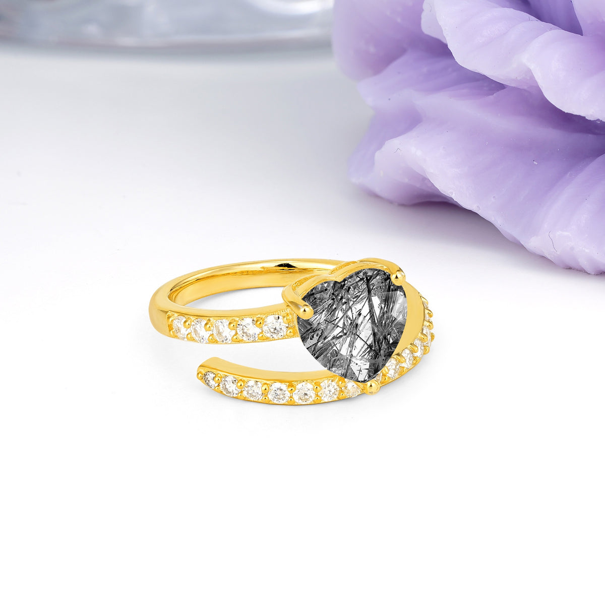 Unique Intertwined 3-Prong Heart-Cut Black Rutilated Quartz Engagement Ring - Additional view