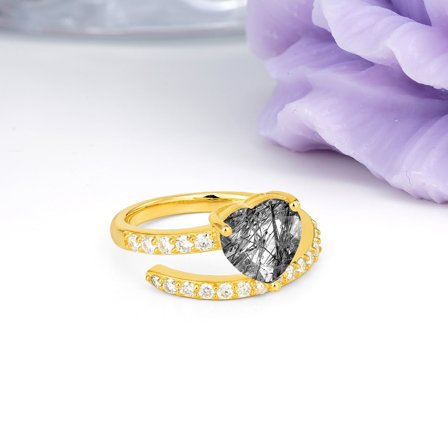 Unique Intertwined 3-Prong Heart-Cut Black Rutilated Quartz Engagement Ring - Additional view