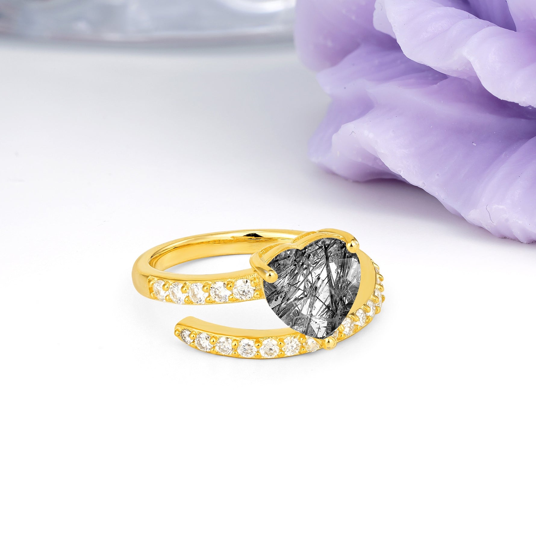 Unique Intertwined 3-Prong Heart-Cut Black Rutilated Quartz Engagement Ring - Additional view