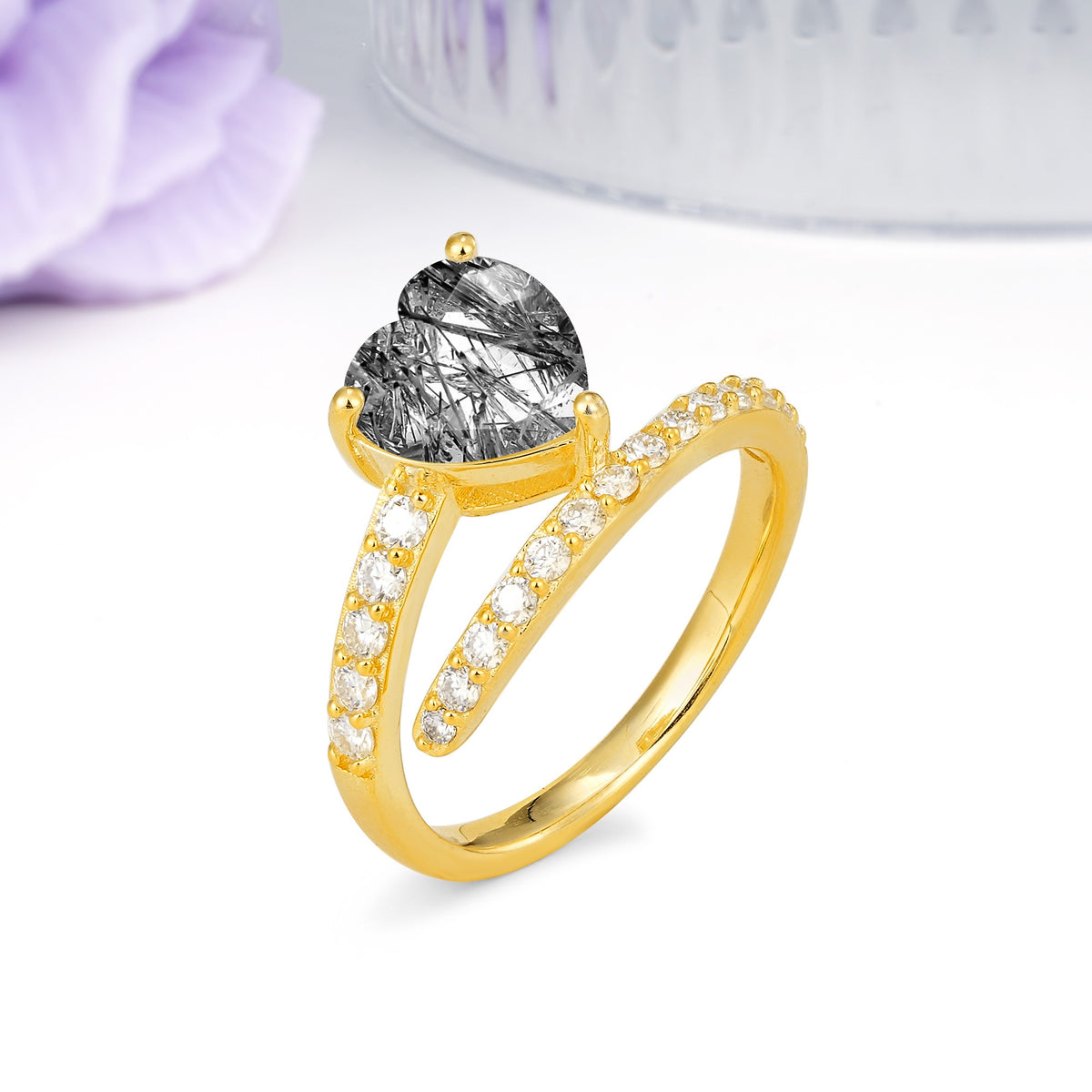 Unique Intertwined 3-Prong Heart-Cut Black Rutilated Quartz Engagement Ring - Additional view
