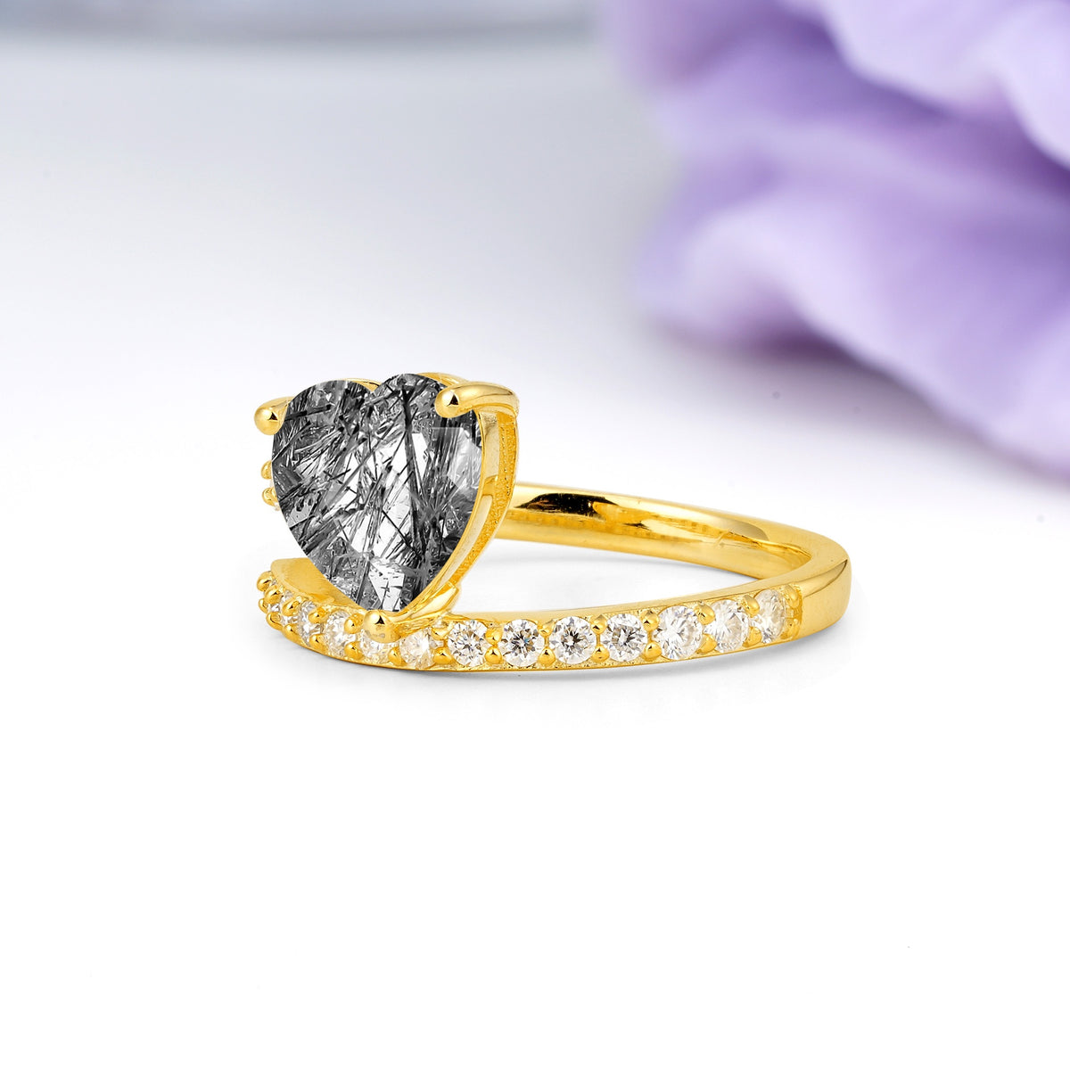 Unique Intertwined 3-Prong Heart-Cut Black Rutilated Quartz Engagement Ring - Additional view