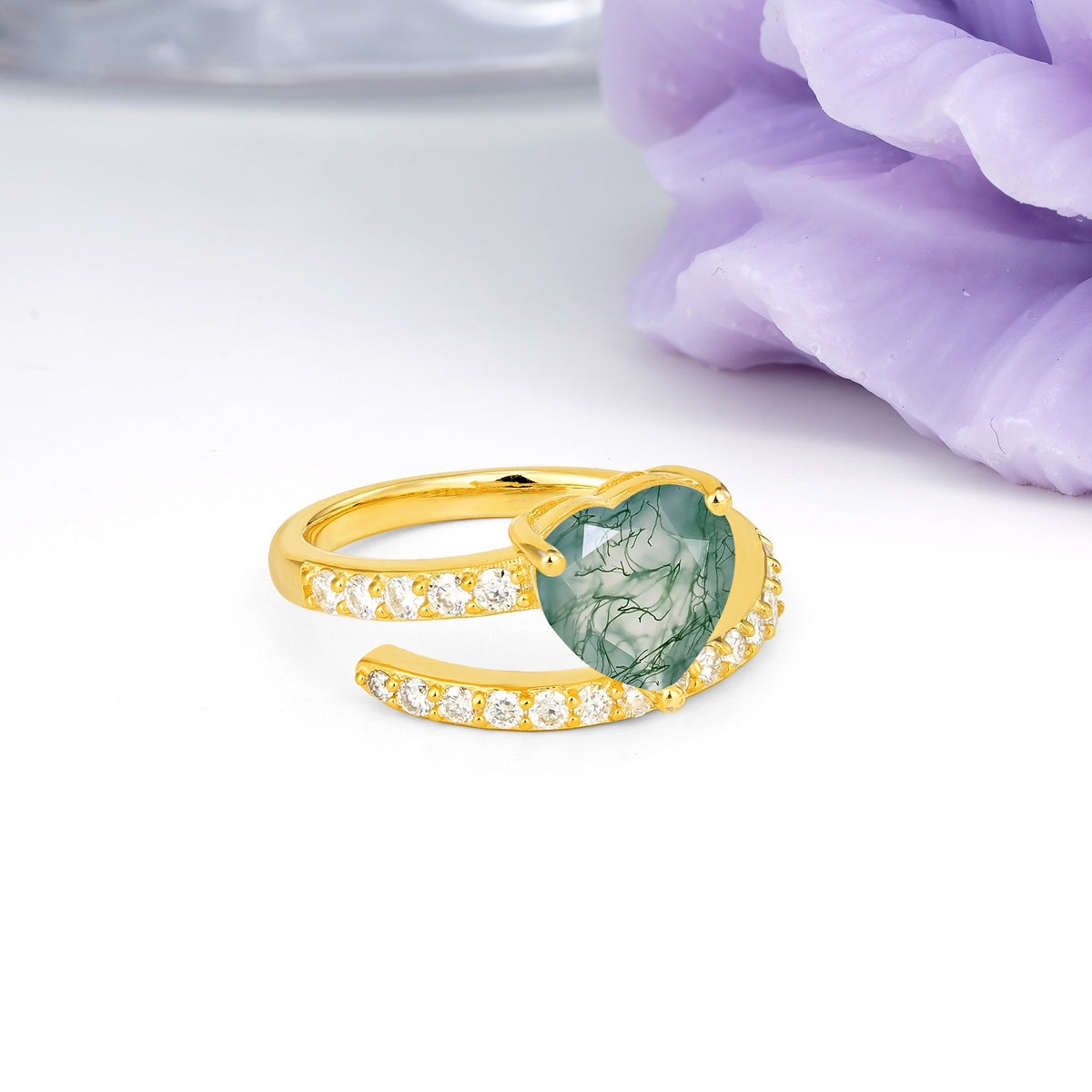 Unique Intertwined 3-Prong Heart-Cut Moss Agate Engagement Ring - Additional view