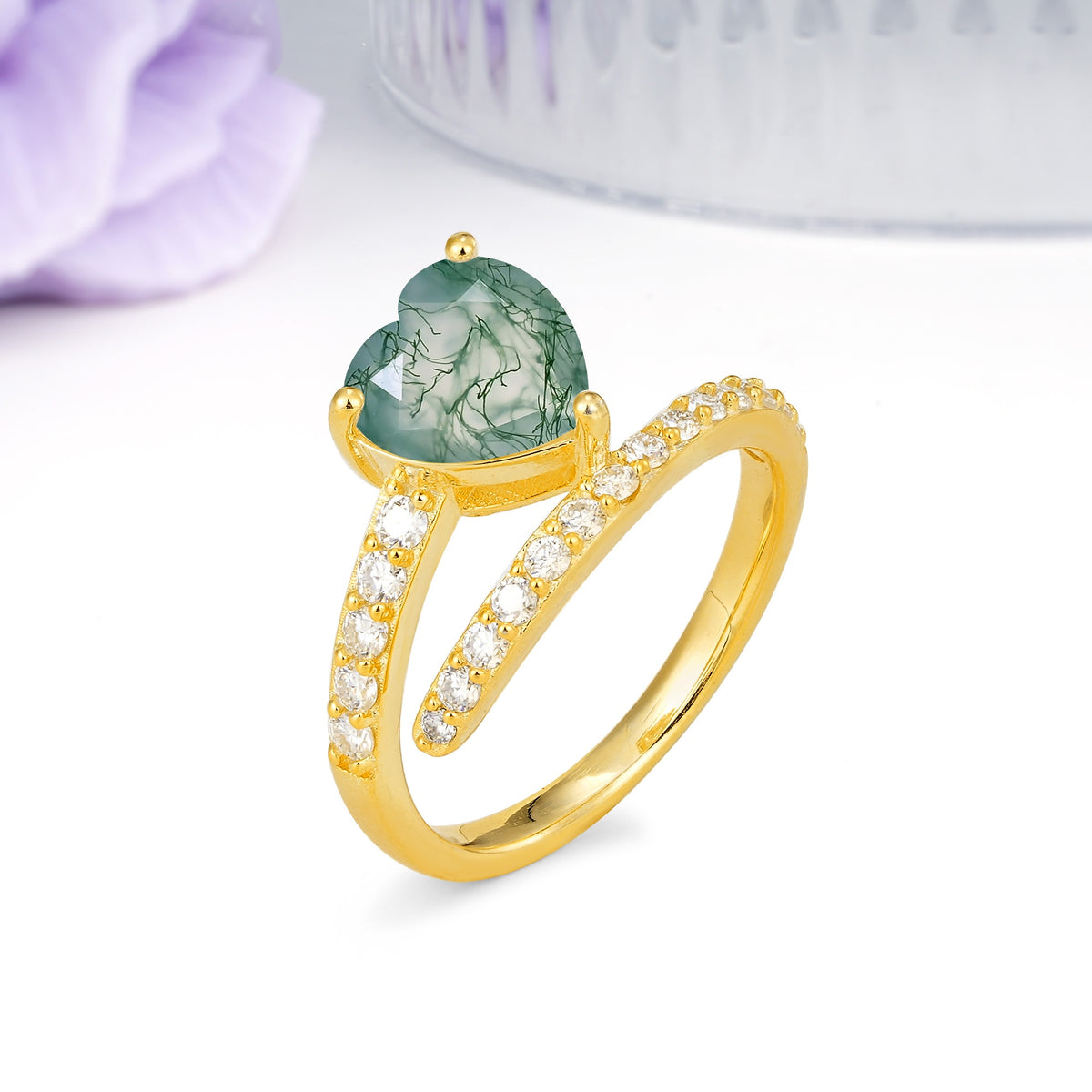 Unique Intertwined 3-Prong Heart-Cut Moss Agate Engagement Ring - Additional view