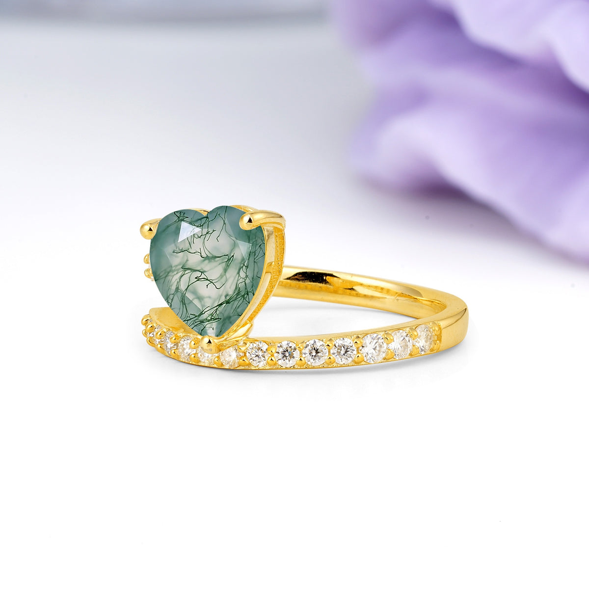 Unique Intertwined 3-Prong Heart-Cut Moss Agate Engagement Ring - Additional view
