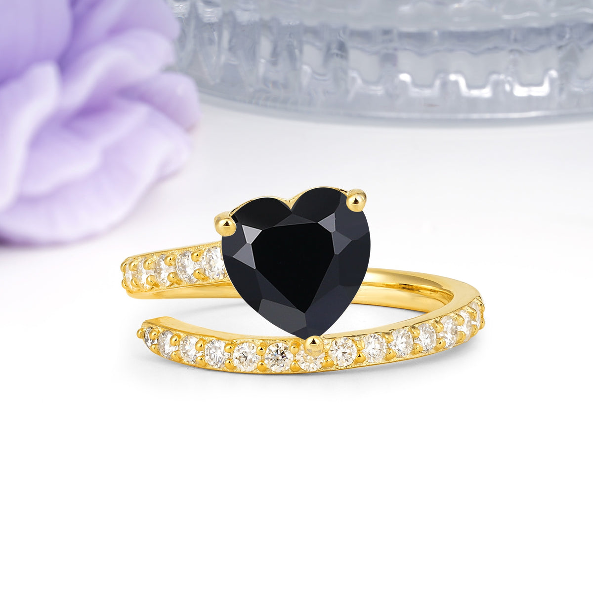 Unique Intertwined 3-Prong Heart-Cut Black Onyx Engagement Ring - Additional view