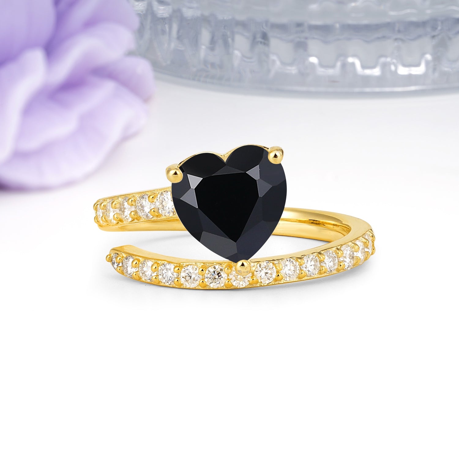 Unique Intertwined 3-Prong Heart-Cut Black Onyx Engagement Ring - Additional view