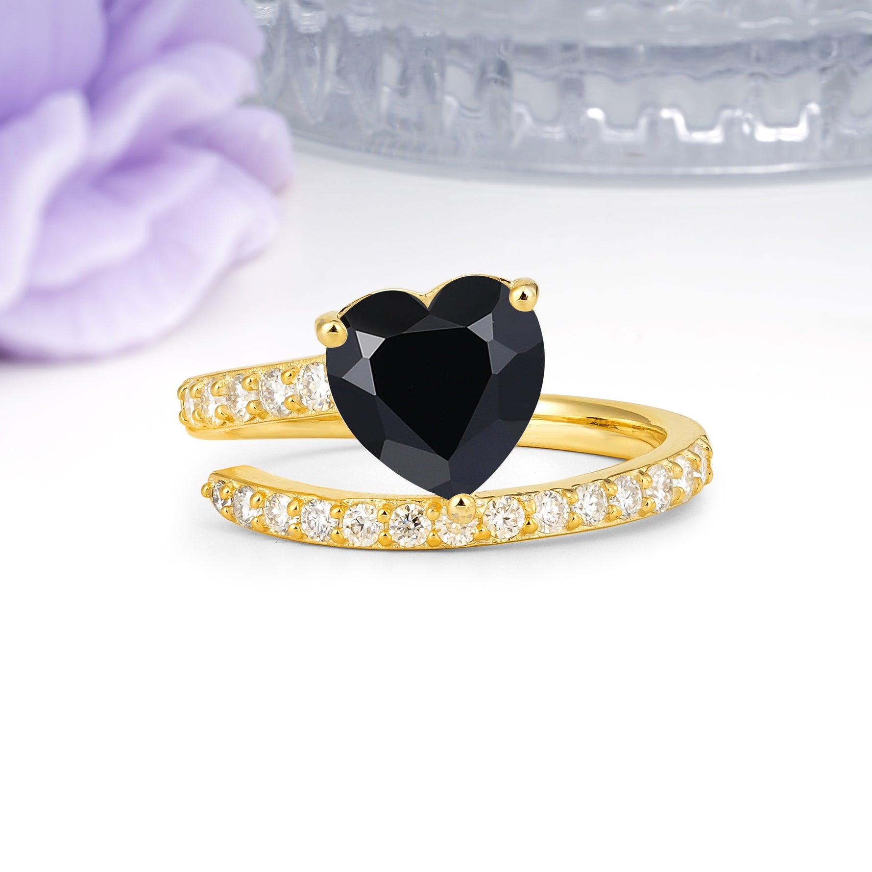 Unique Intertwined 3-Prong Heart-Cut Black Onyx Engagement Ring - Additional view