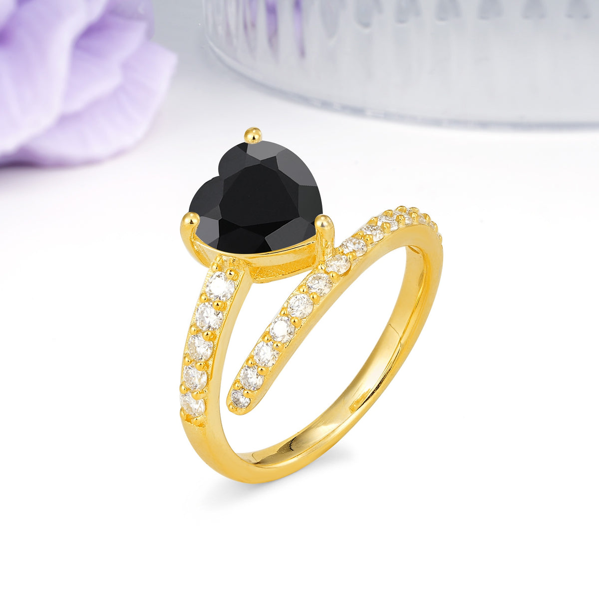 Unique Intertwined 3-Prong Heart-Cut Black Onyx Engagement Ring - Additional view