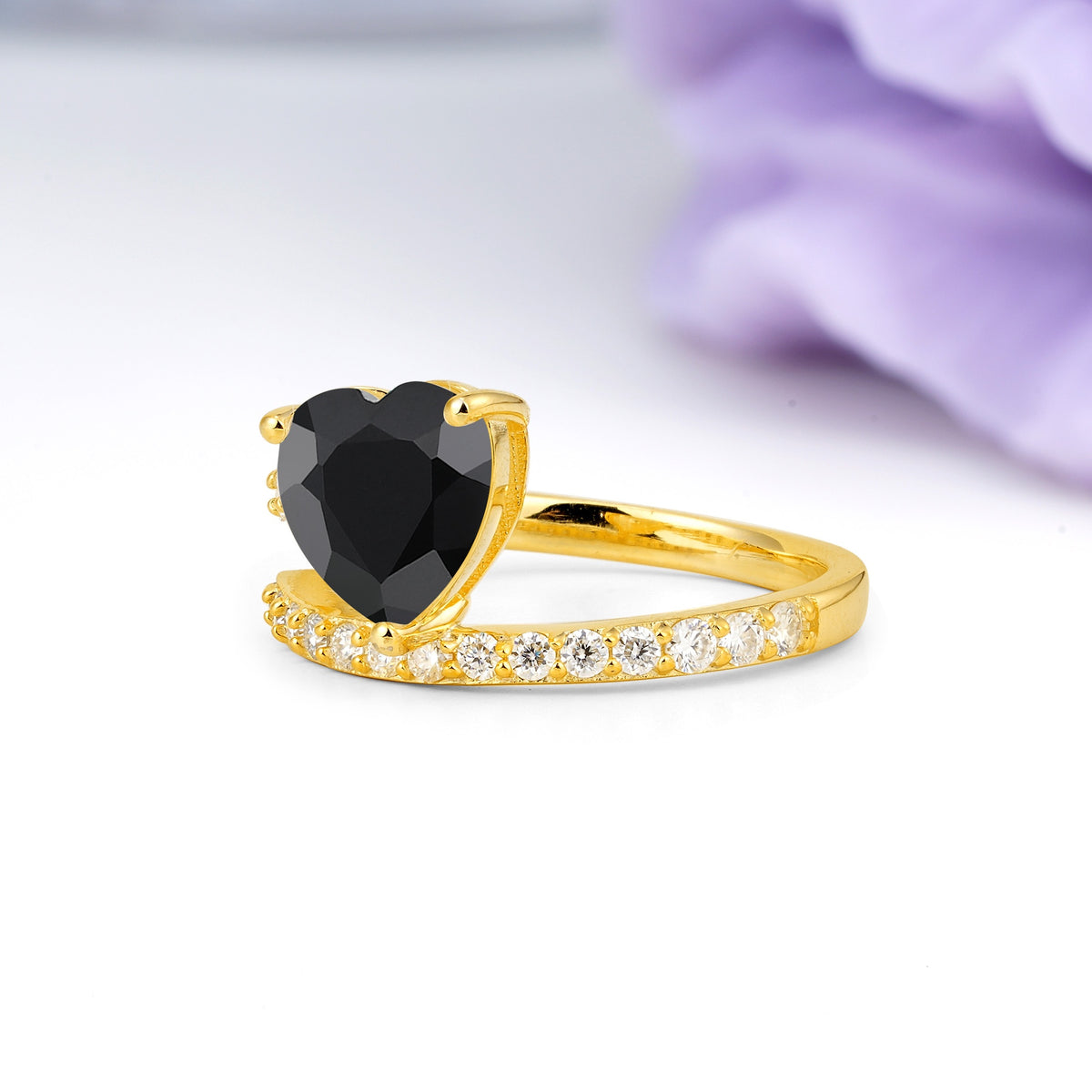 Unique Intertwined 3-Prong Heart-Cut Black Onyx Engagement Ring - Additional view