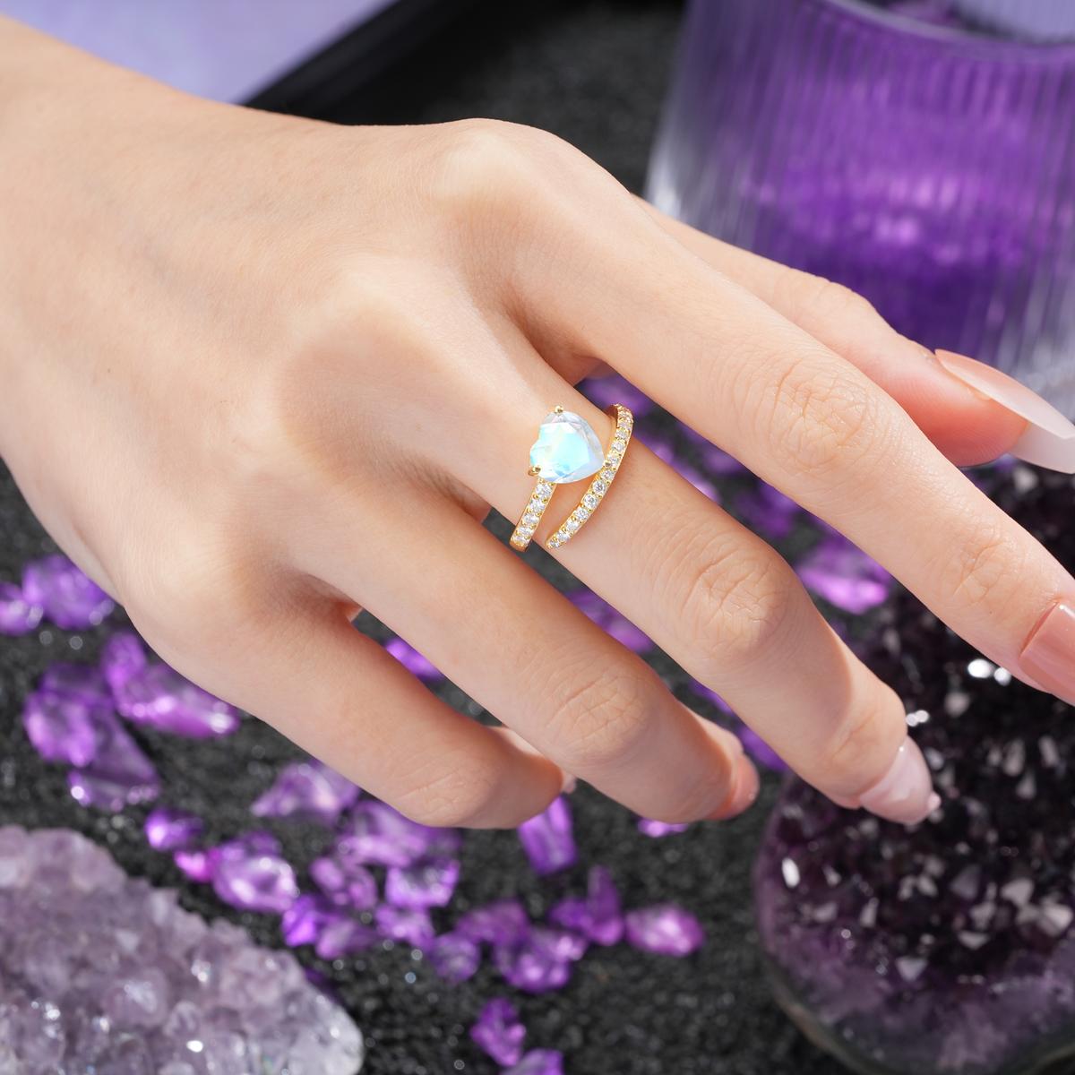 Unique Intertwined 3-Prong Heart-Cut Moonstone Engagement Ring