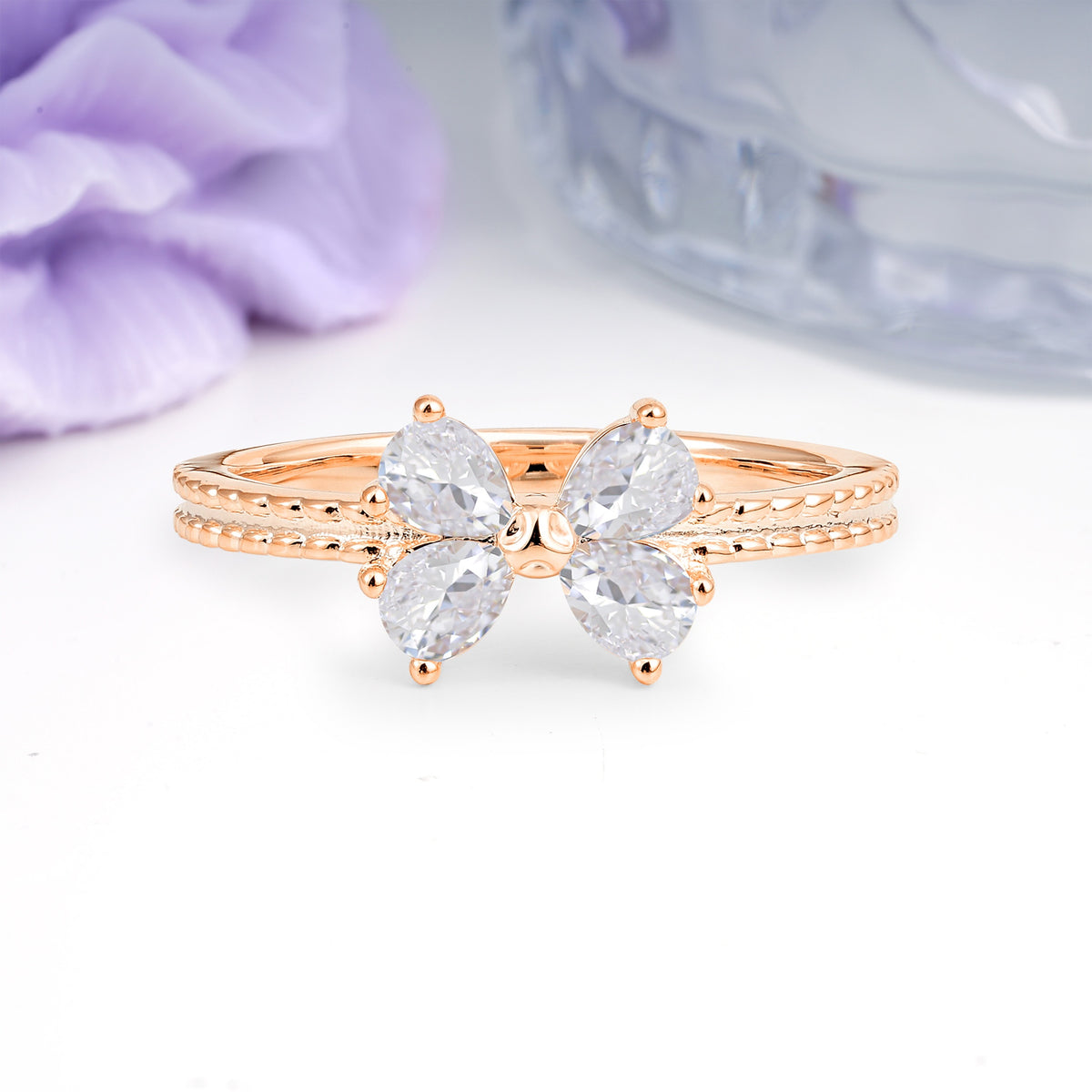 Four Marquise Butterfly Solitaire Milgrain Double Band Moissanite Engagement Ring - Additional view
