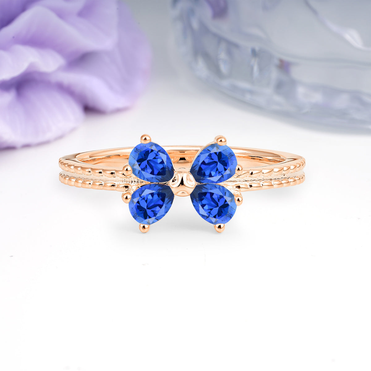 Four Marquise Butterfly Solitaire Milgrain Double Band Sapphire Engagement Ring - Additional view