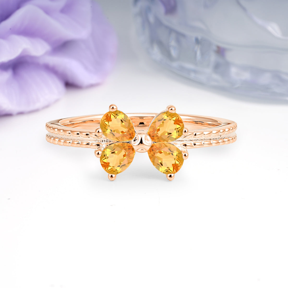 Four Marquise Butterfly Solitaire Milgrain Double Band Citrine Engagement Ring - Additional view