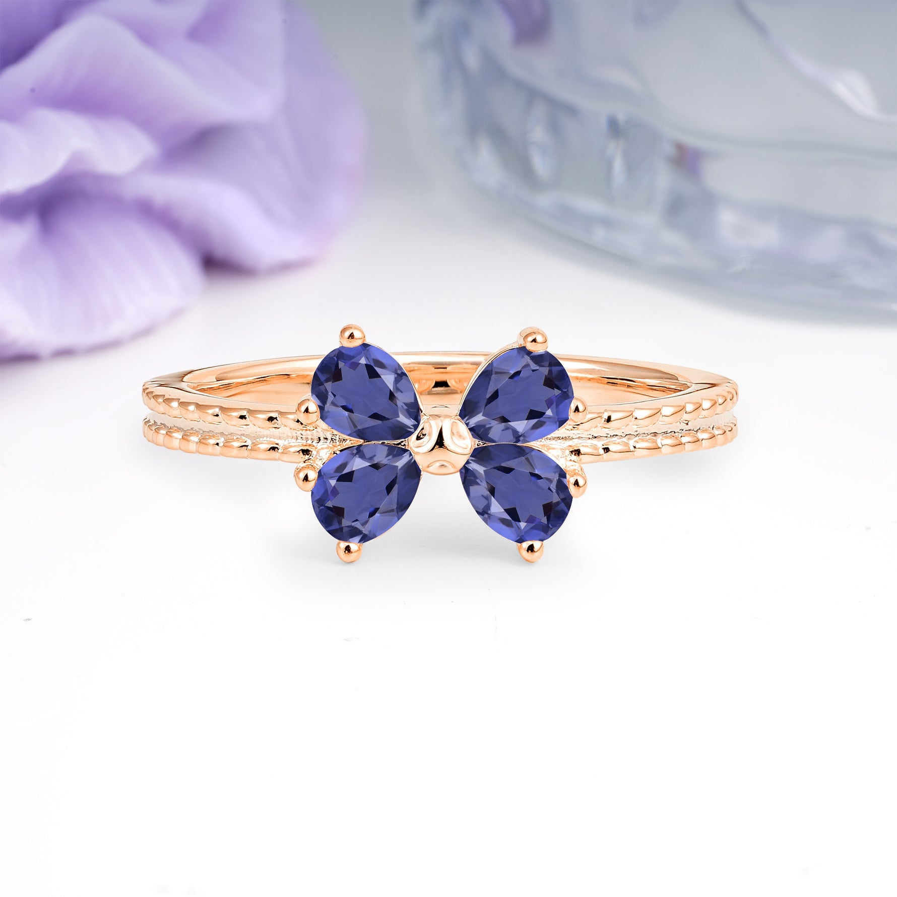 Four Marquise Butterfly Solitaire Milgrain Double Band Tanzanite Engagement Ring - Additional view