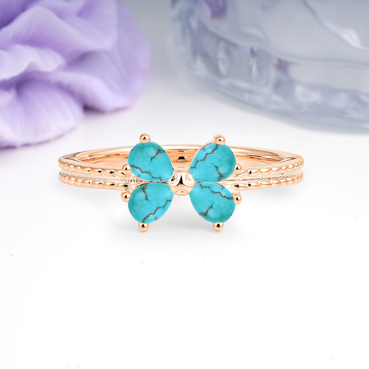Four Marquise Butterfly Solitaire Milgrain Double Band Turquoise Engagement Ring - Additional view