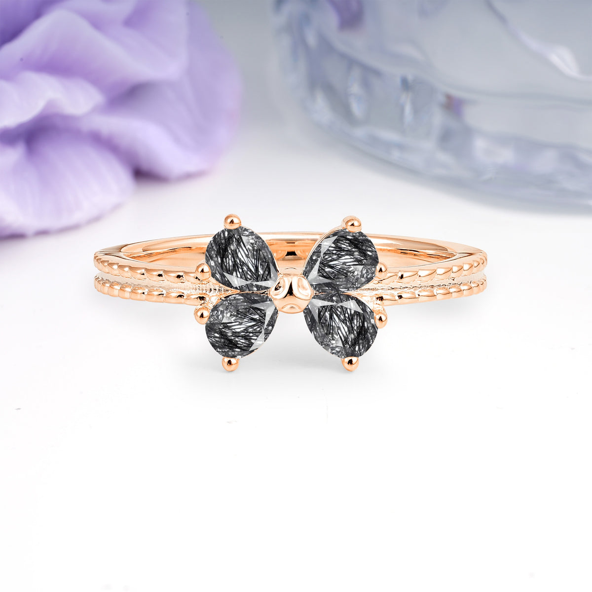 Four Marquise Butterfly Solitaire Milgrain Double Band Black Rutilated Quartz Engagement Ring - Additional view
