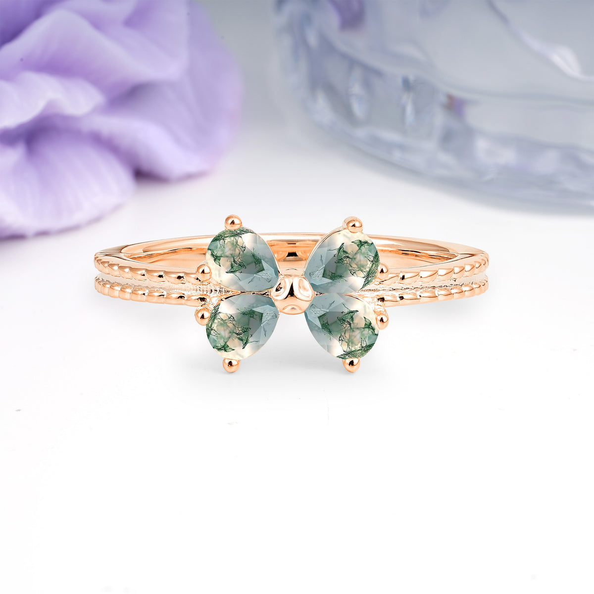 Four Marquise Butterfly Solitaire Milgrain Double Band Moss Agate Engagement Ring - Additional view