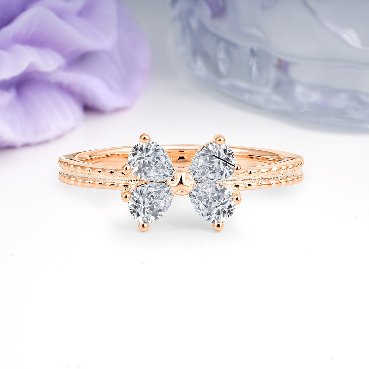 Four Marquise Butterfly Solitaire Milgrain Double Band Lab Diamond Engagement Ring - Additional view