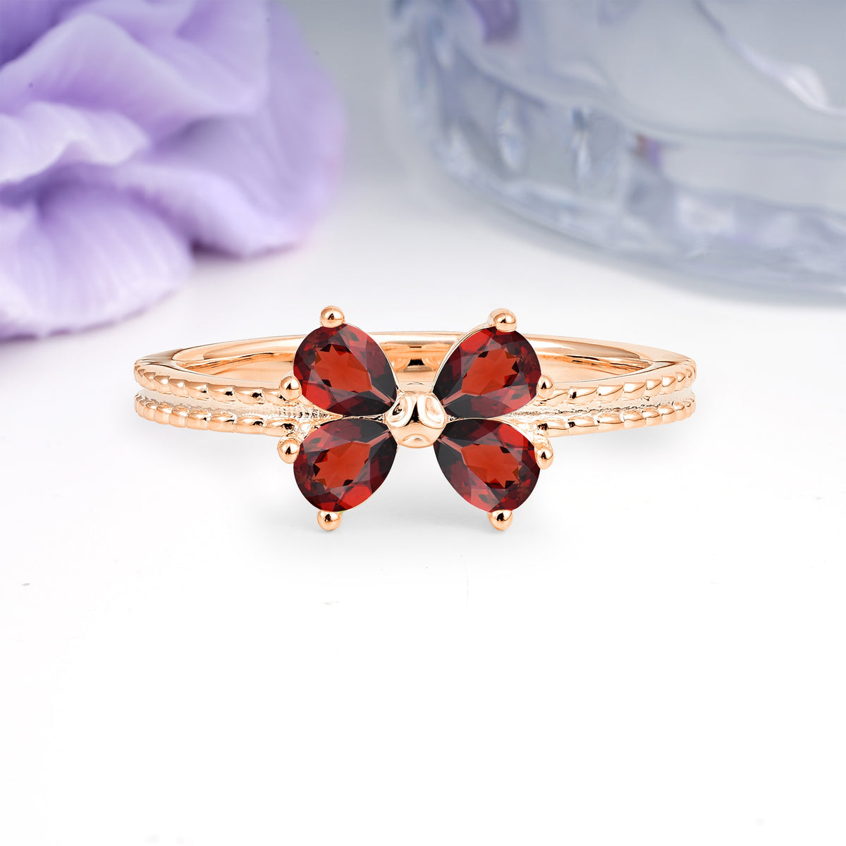 Four Marquise Butterfly Solitaire Milgrain Double Band Garnet Engagement Ring - Additional view