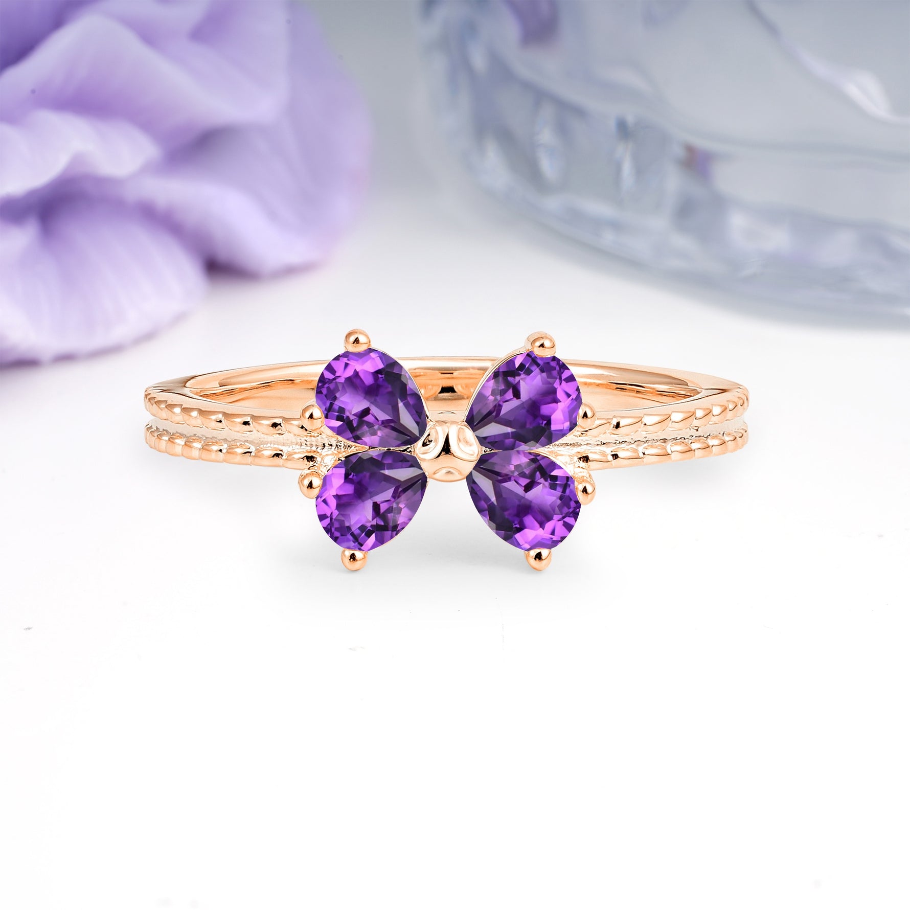 Four Marquise Butterfly Solitaire Milgrain Double Band Amethyst Engagement Ring - Additional view
