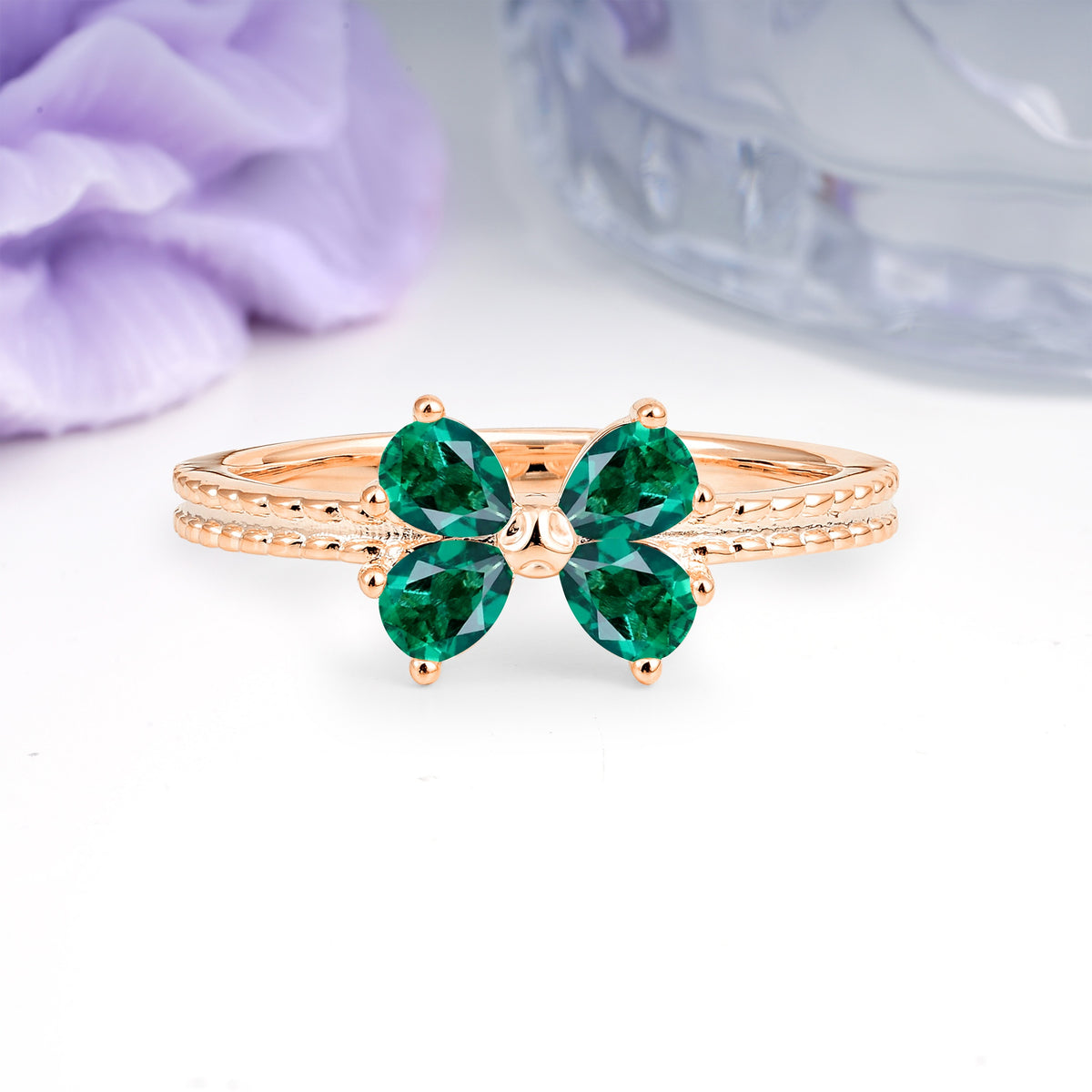 Four Marquise Butterfly Solitaire Milgrain Double Band Emerald Engagement Ring - Additional view