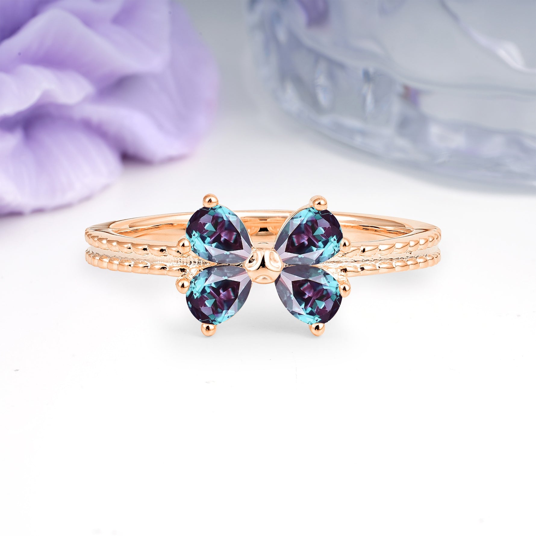 Four Marquise Butterfly Solitaire Milgrain Double Band Alexandrite Engagement Ring - Additional view