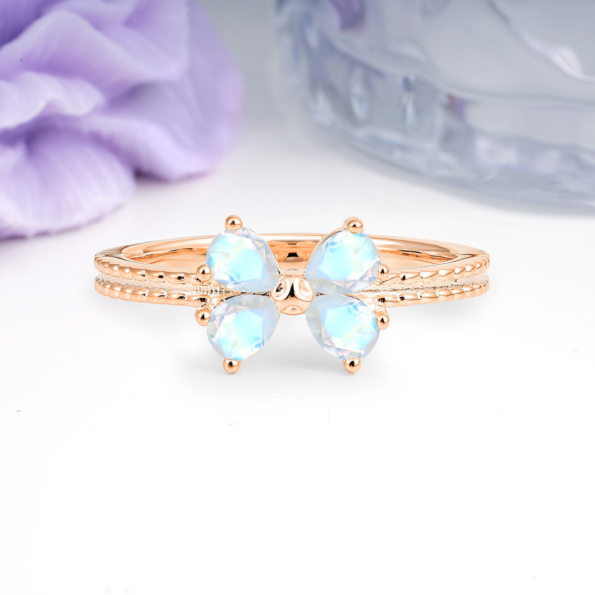 Four Marquise Butterfly Solitaire Milgrain Double Band Moonstone Engagement Ring - Additional view