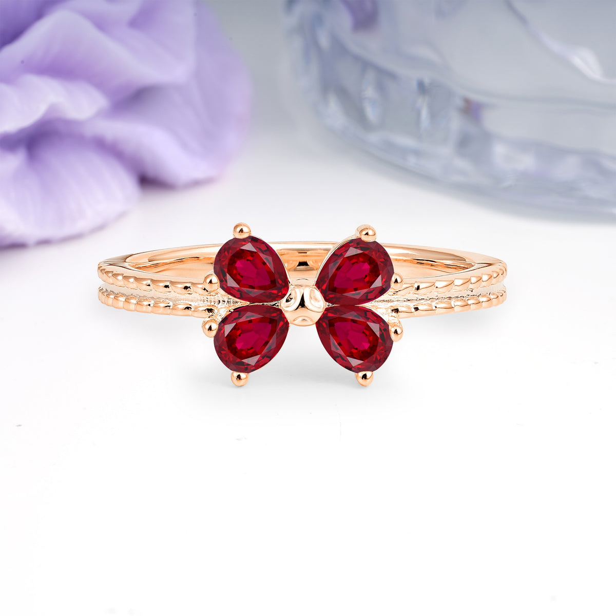 Four Marquise Butterfly Solitaire Milgrain Double Band Ruby Engagement Ring - Additional view