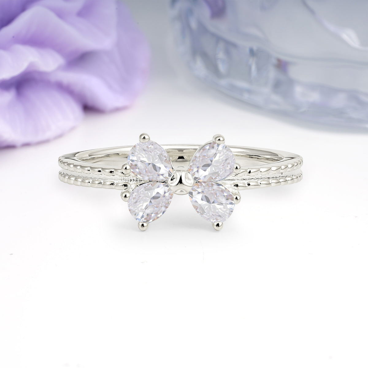 Four Marquise Butterfly Solitaire Milgrain Double Band Moissanite Engagement Ring - Additional view