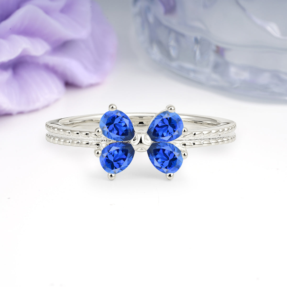 Four Marquise Butterfly Solitaire Milgrain Double Band Sapphire Engagement Ring - Additional view