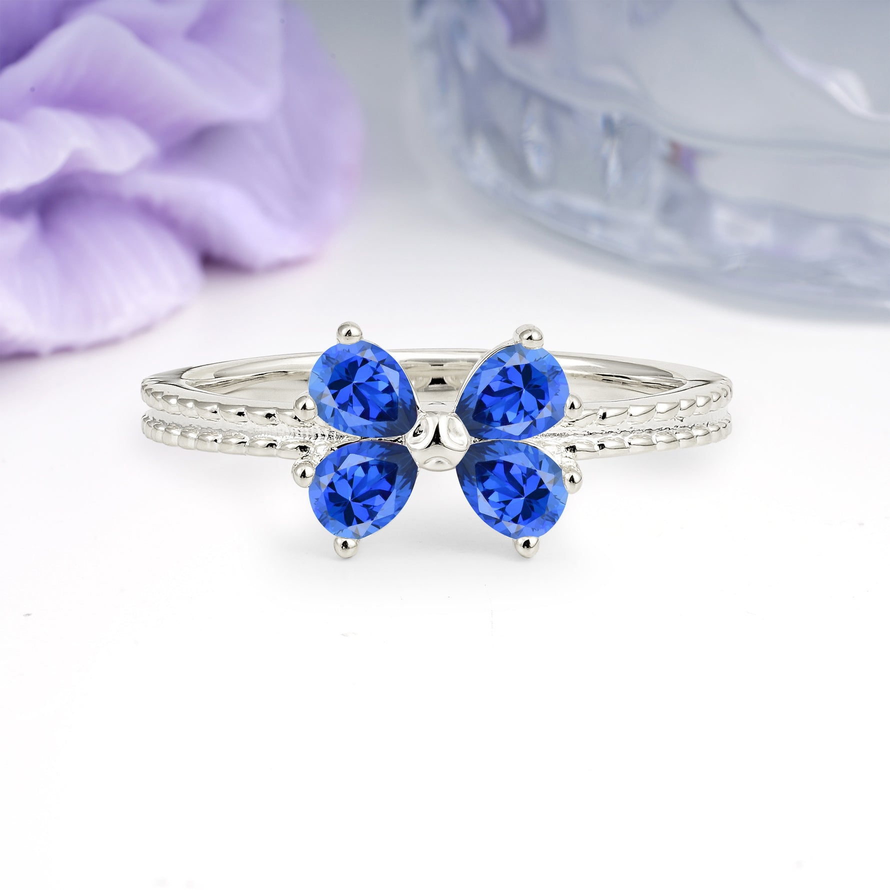 Four Marquise Butterfly Solitaire Milgrain Double Band Sapphire Engagement Ring - Additional view