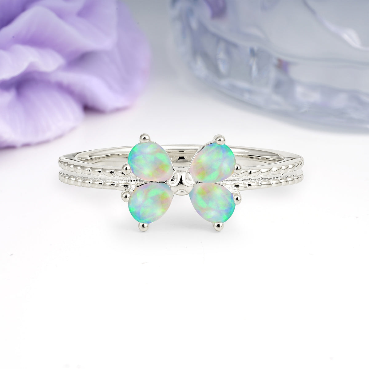 Four Marquise Butterfly Solitaire Milgrain Double Band Fire Opal Engagement Ring - Additional view