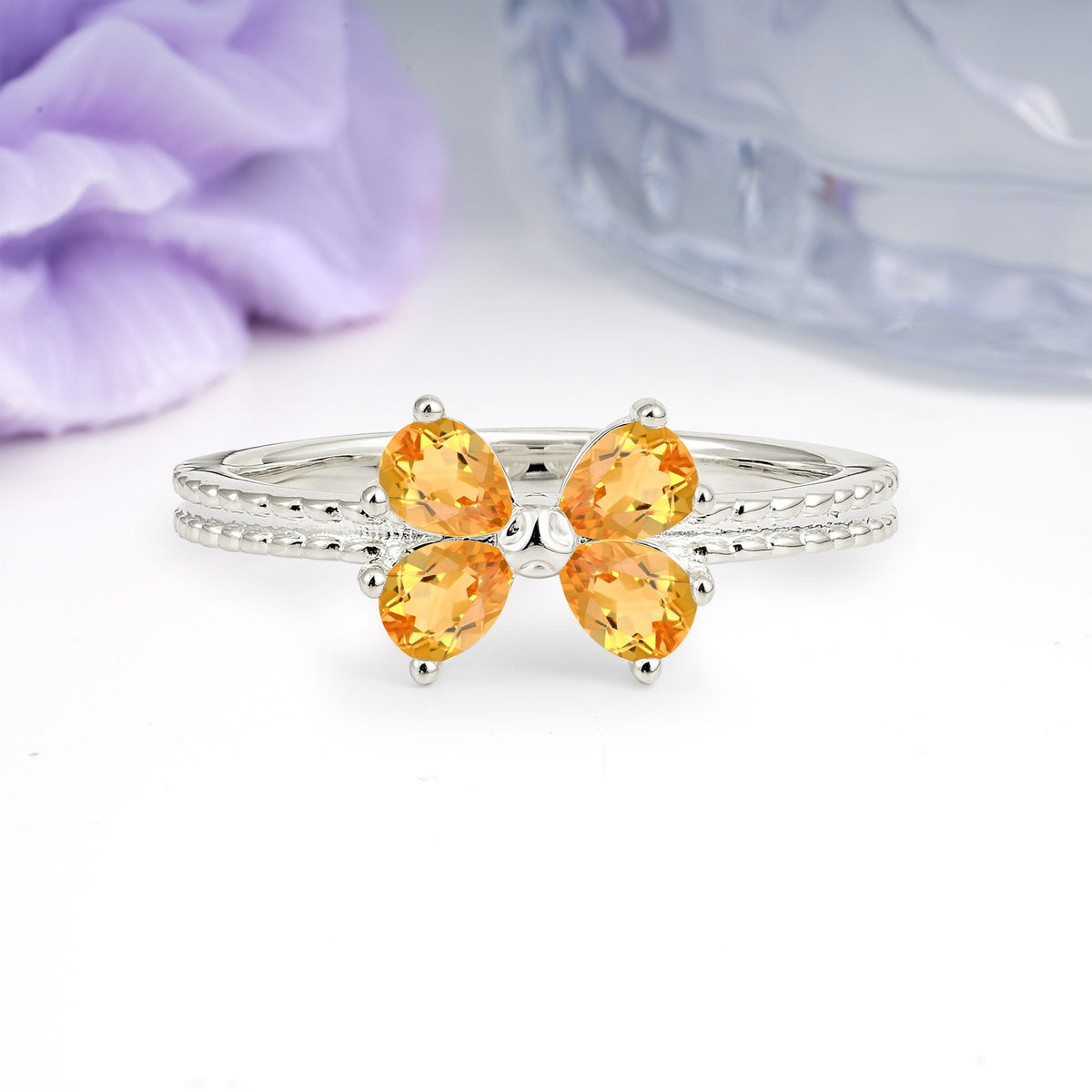 Four Marquise Butterfly Solitaire Milgrain Double Band Citrine Engagement Ring - Additional view