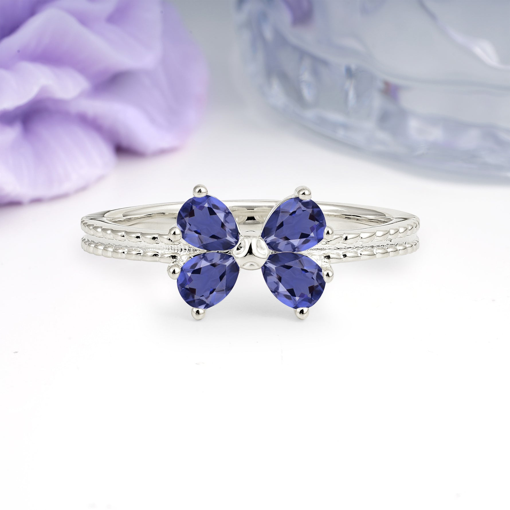 Four Marquise Butterfly Solitaire Milgrain Double Band Tanzanite Engagement Ring - Additional view