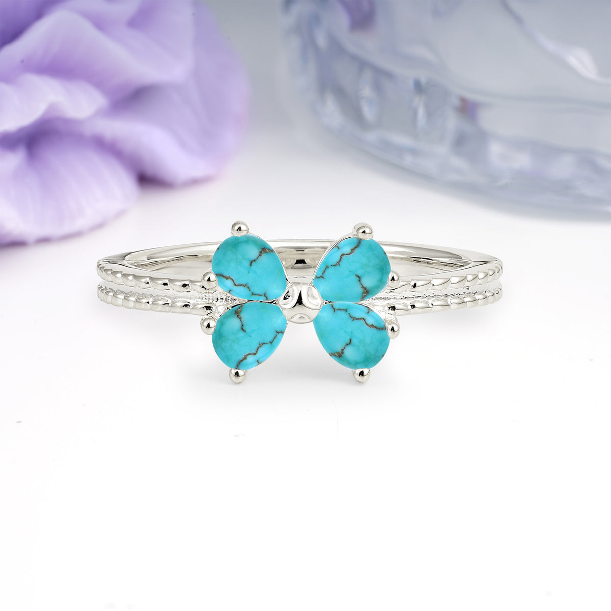 Four Marquise Butterfly Solitaire Milgrain Double Band Turquoise Engagement Ring - Additional view