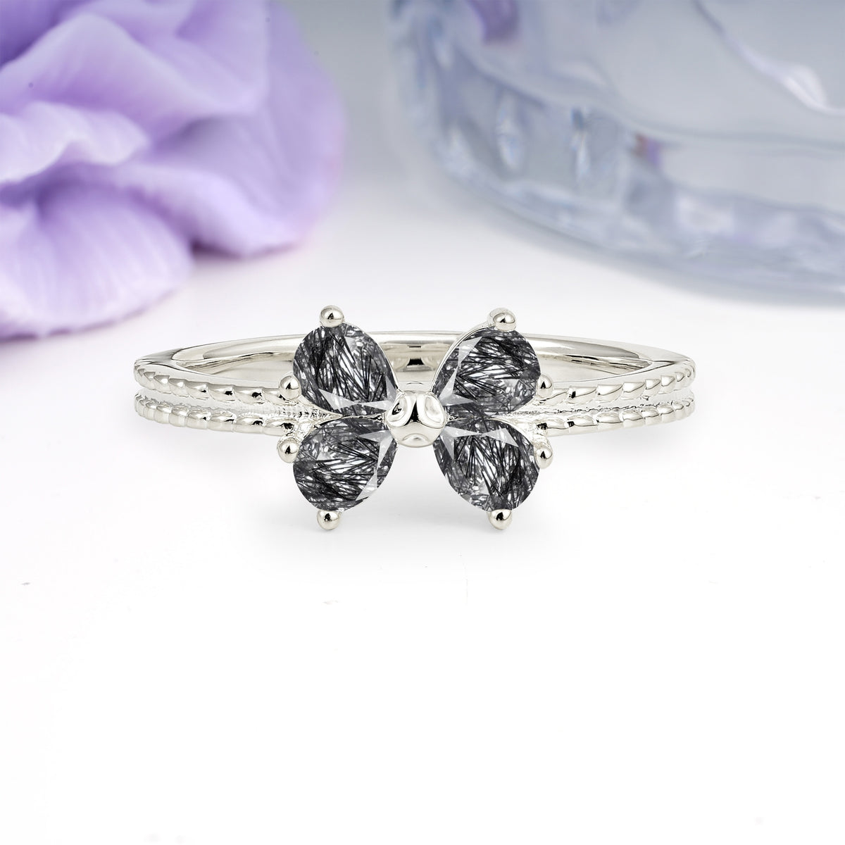 Four Marquise Butterfly Solitaire Milgrain Double Band Black Rutilated Quartz Engagement Ring - Additional view