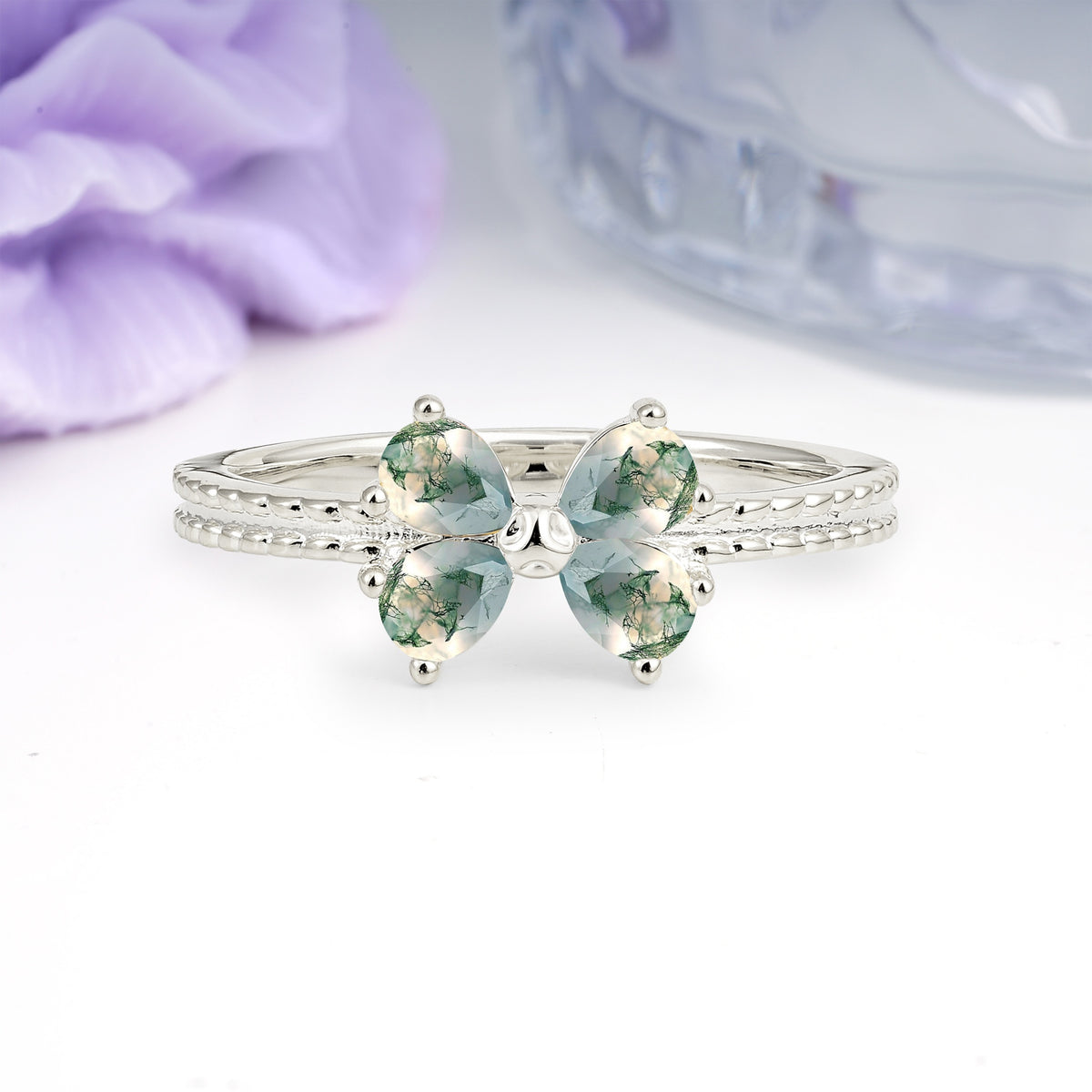 Four Marquise Butterfly Solitaire Milgrain Double Band Moss Agate Engagement Ring - Additional view