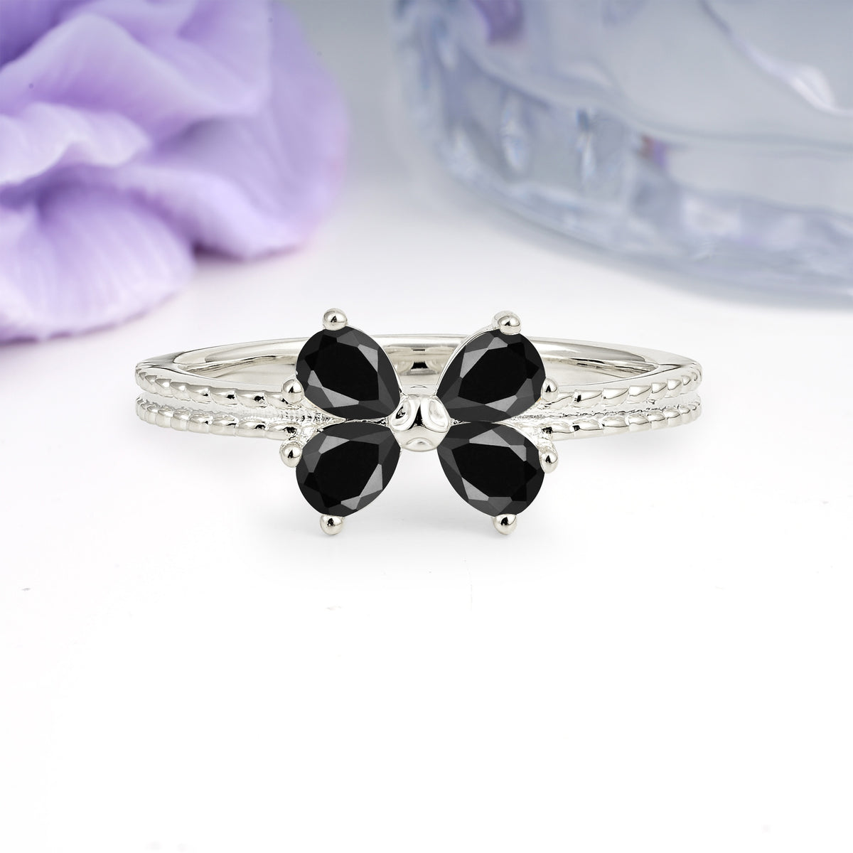 Four Marquise Butterfly Solitaire Milgrain Double Band Black Onyx Engagement Ring - Additional view