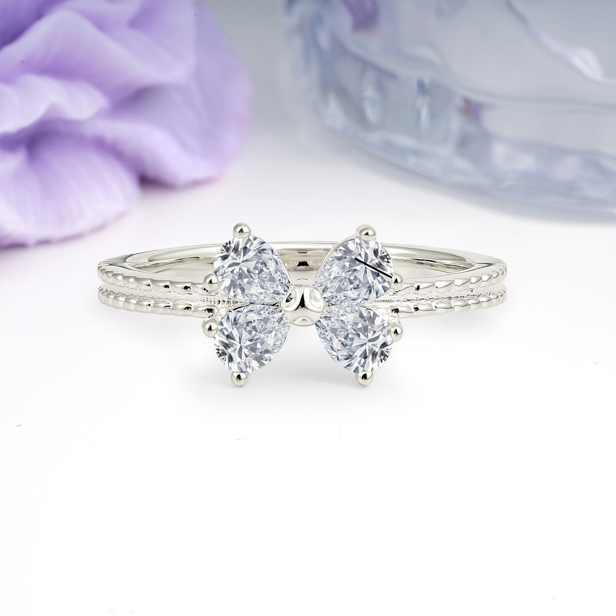 Four Marquise Butterfly Solitaire Milgrain Double Band Lab Diamond Engagement Ring - Additional view