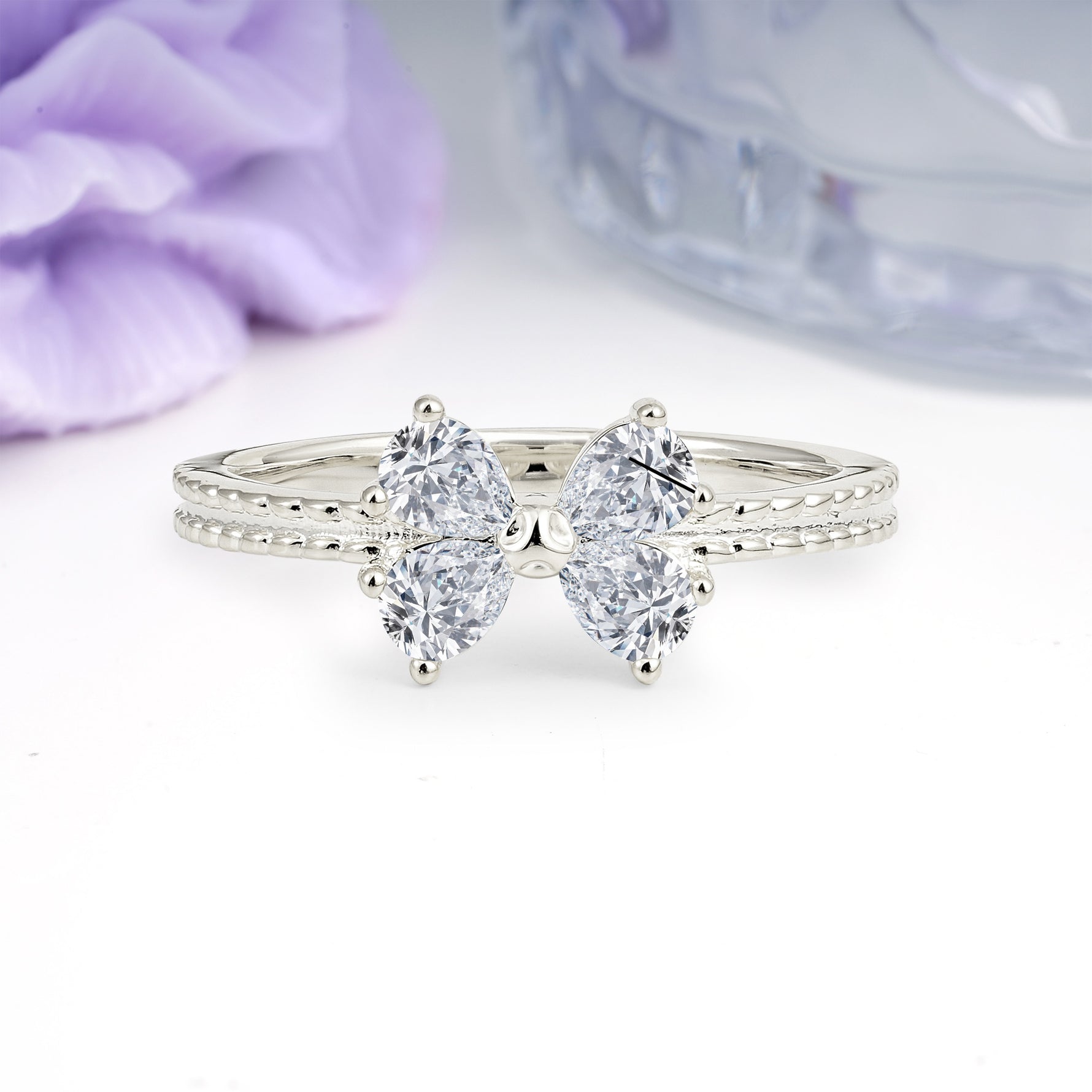 Four Marquise Butterfly Solitaire Milgrain Double Band Lab Diamond Engagement Ring - Additional view