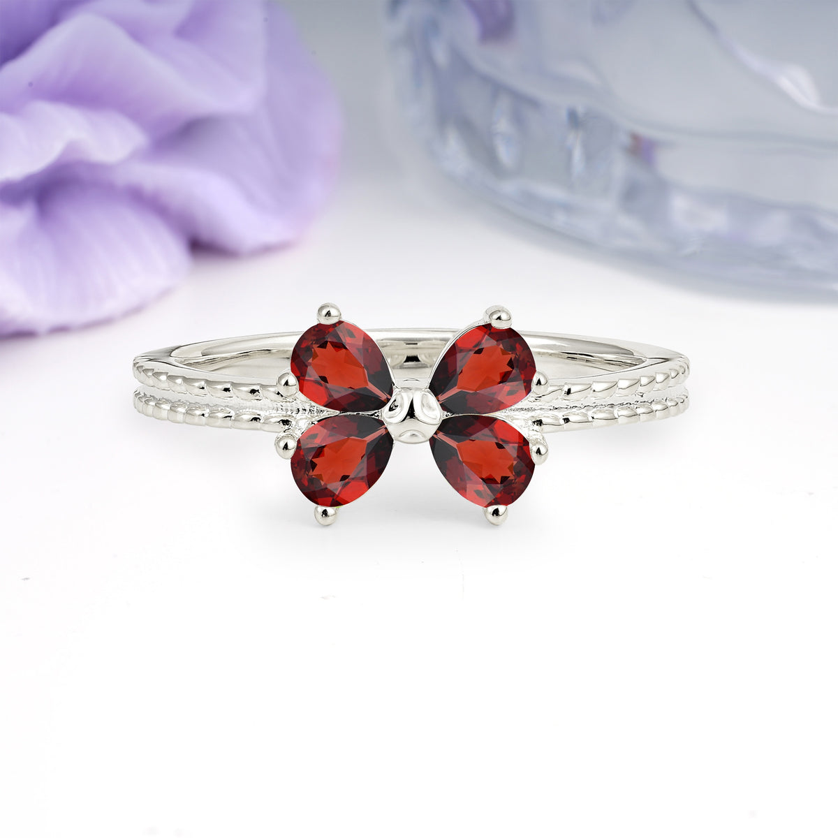 Four Marquise Butterfly Solitaire Milgrain Double Band Garnet Engagement Ring - Additional view