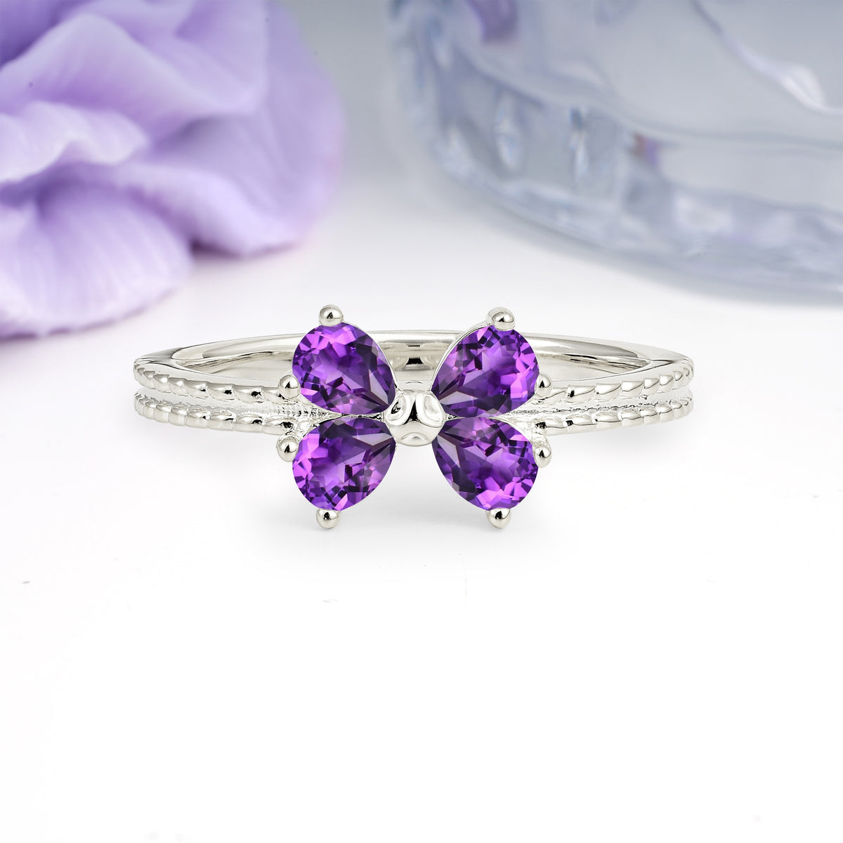Four Marquise Butterfly Solitaire Milgrain Double Band Amethyst Engagement Ring - Additional view