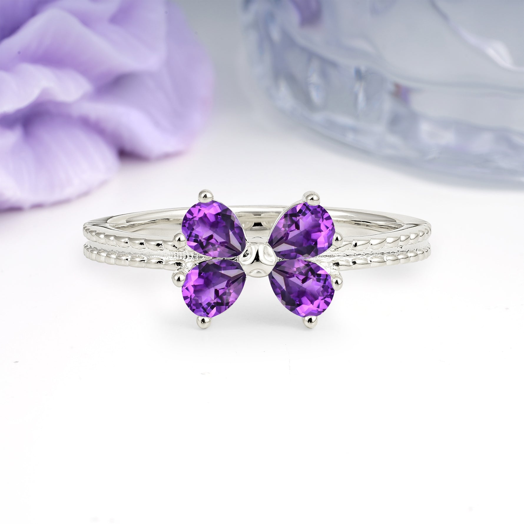 Four Marquise Butterfly Solitaire Milgrain Double Band Amethyst Engagement Ring - Additional view