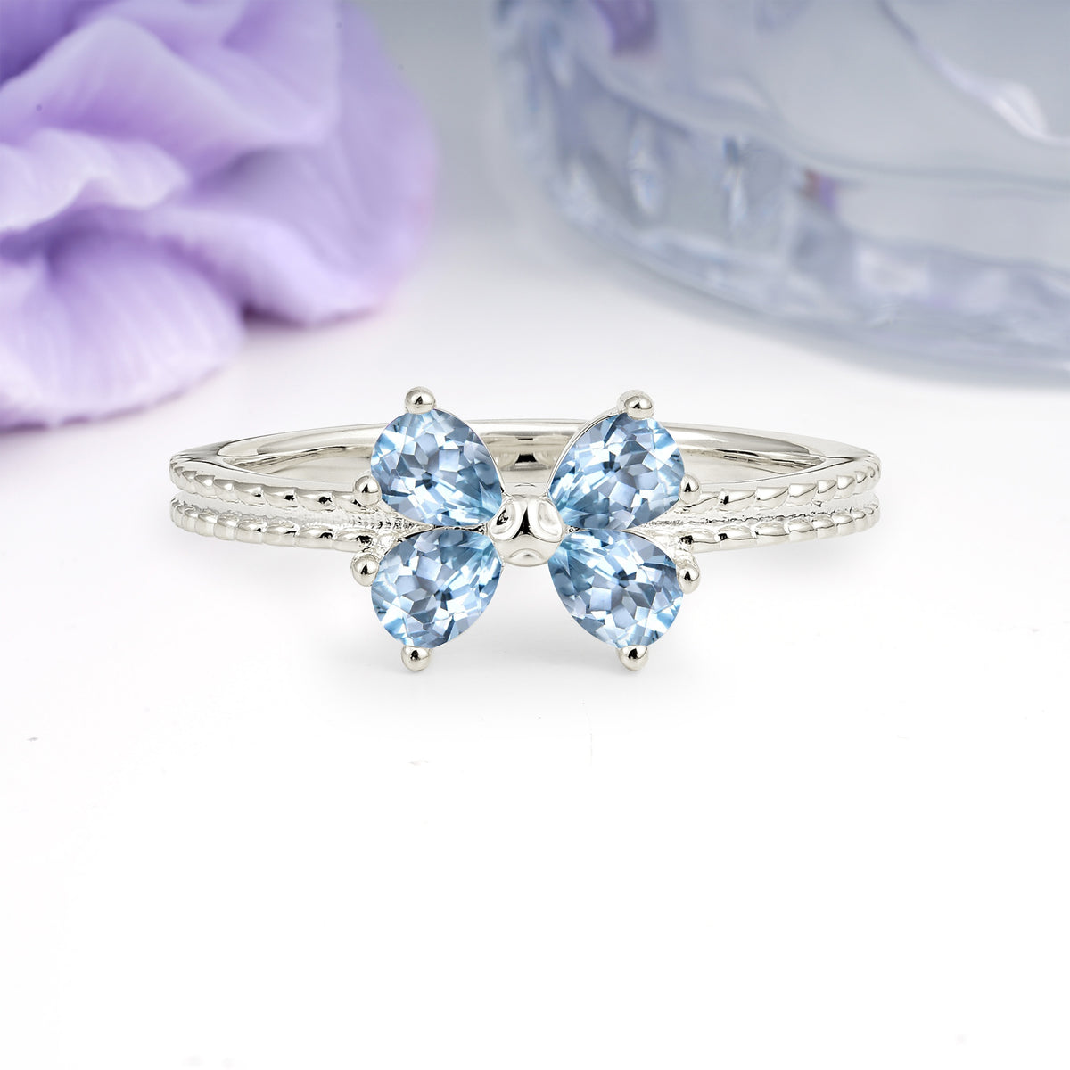 Four Marquise Butterfly Solitaire Milgrain Double Band Aquamarine Engagement Ring - Additional view