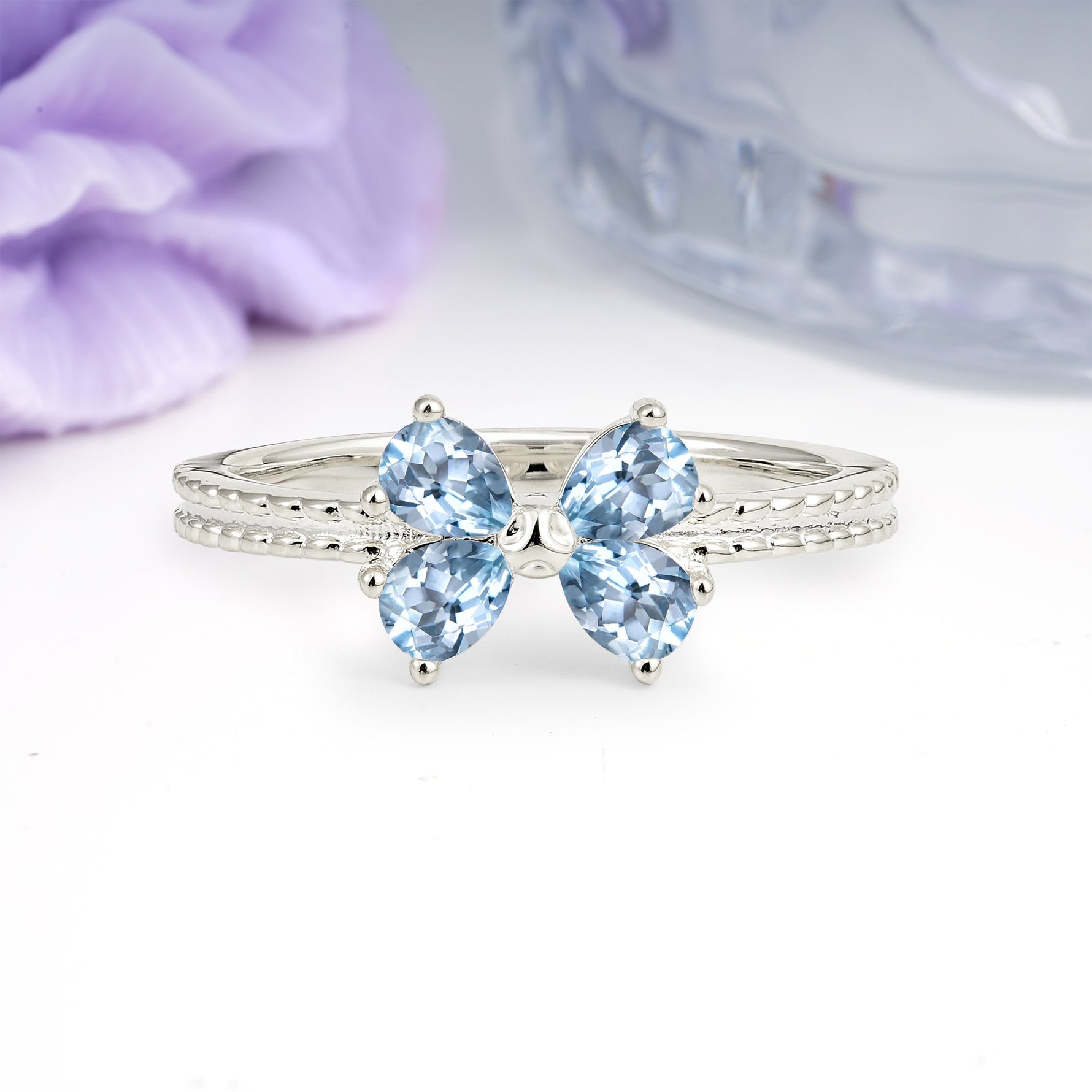 Four Marquise Butterfly Solitaire Milgrain Double Band Aquamarine Engagement Ring - Additional view