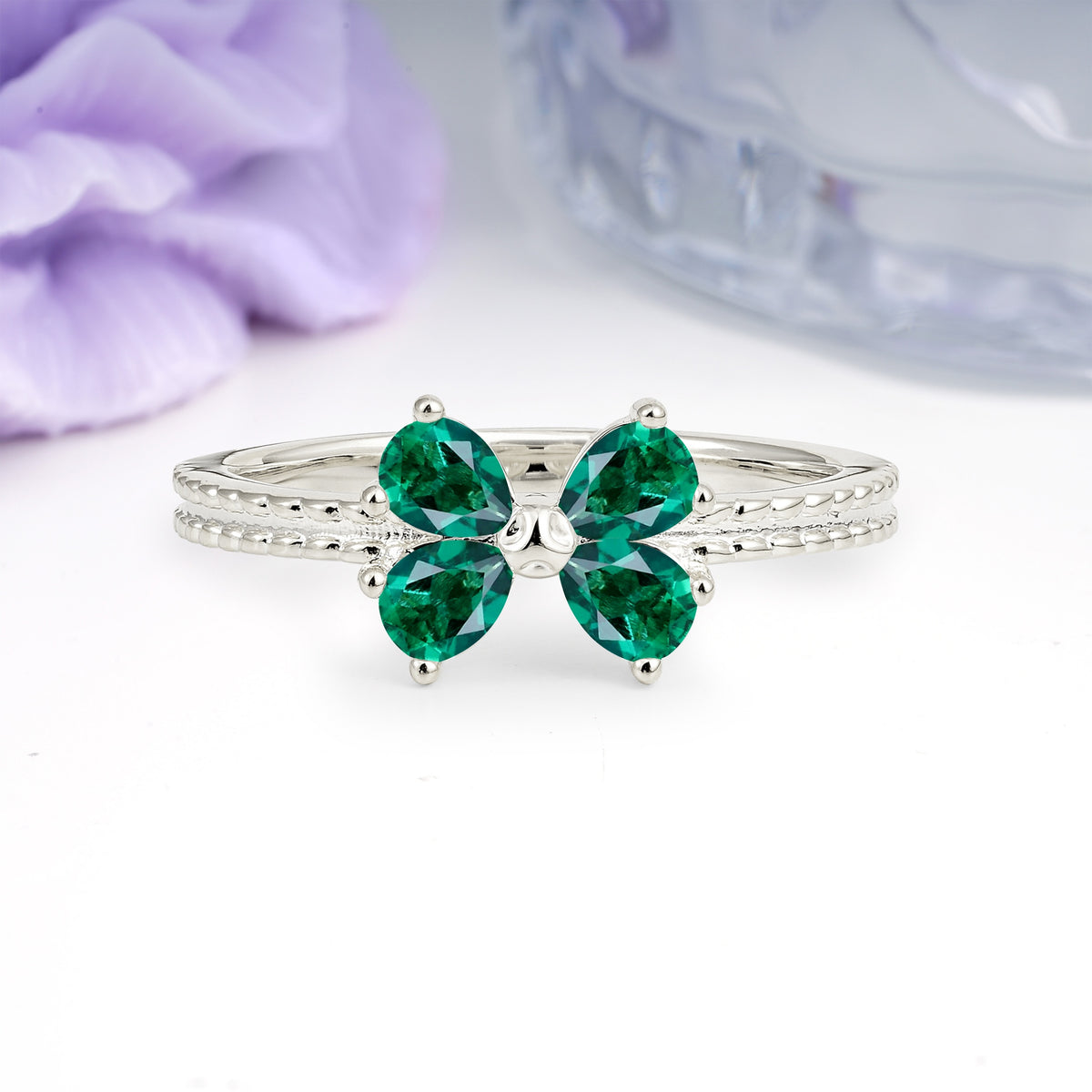 Four Marquise Butterfly Solitaire Milgrain Double Band Emerald Engagement Ring - Additional view